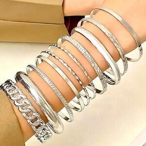 NWT Gorgeous 10 Pieces Highly Polished Shiny Silver Bangle Bracelets Set